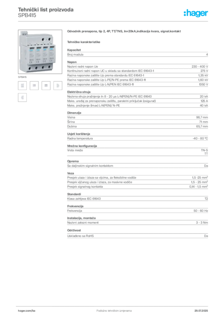 Slika Hager Product data sheet SPB415  | Hager