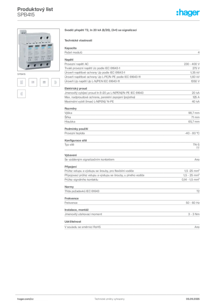 Obrázek Hager Produktový list SPB415 | Hager