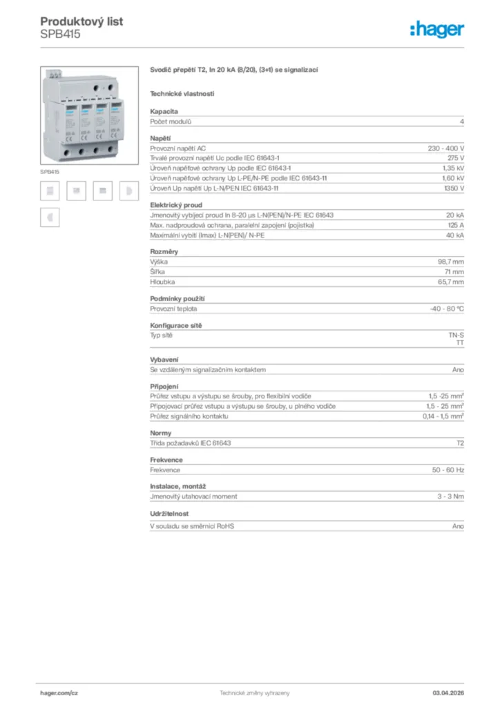 Obrázek Hager Product data sheet SPB415 | Hager