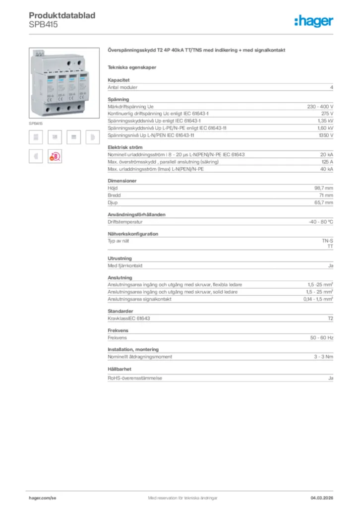 Bild Hager Produktdatablad SPB415 | Hager Sverige