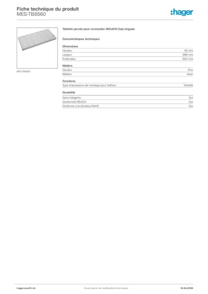 Image Hager Fiche technique du produit MES-TB8560 | Hager Suisse