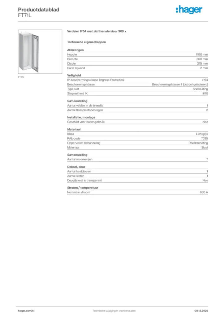 Afbeelding Hager Productdatablad FT71L | Hager Nederland