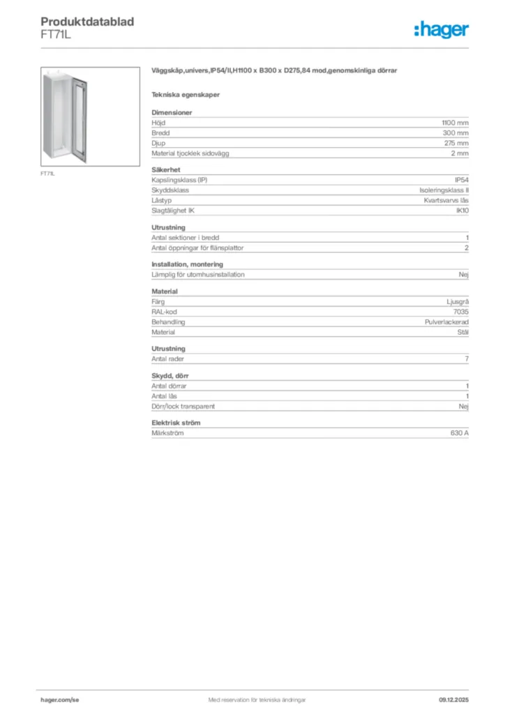 Bild Hager Produktdatablad FT71L | Hager Sverige
