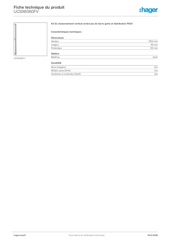 Image Hager Fiche technique du produit UCSX6060FV | Hager France