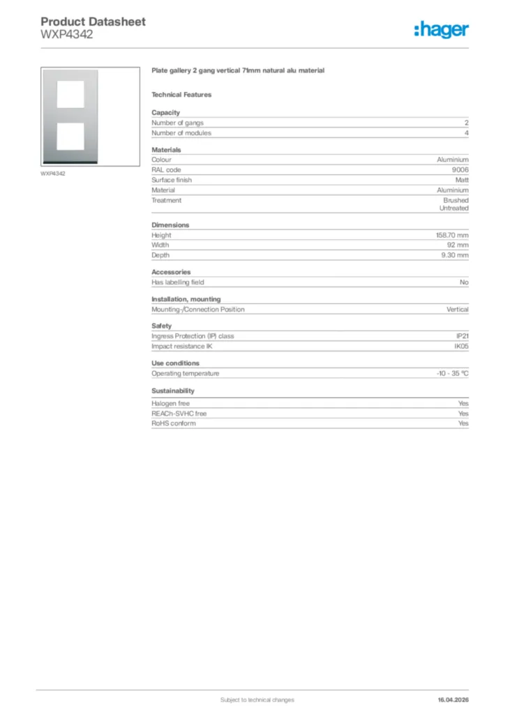 Image Hager Product data sheet WXP4342  | Hager Africa