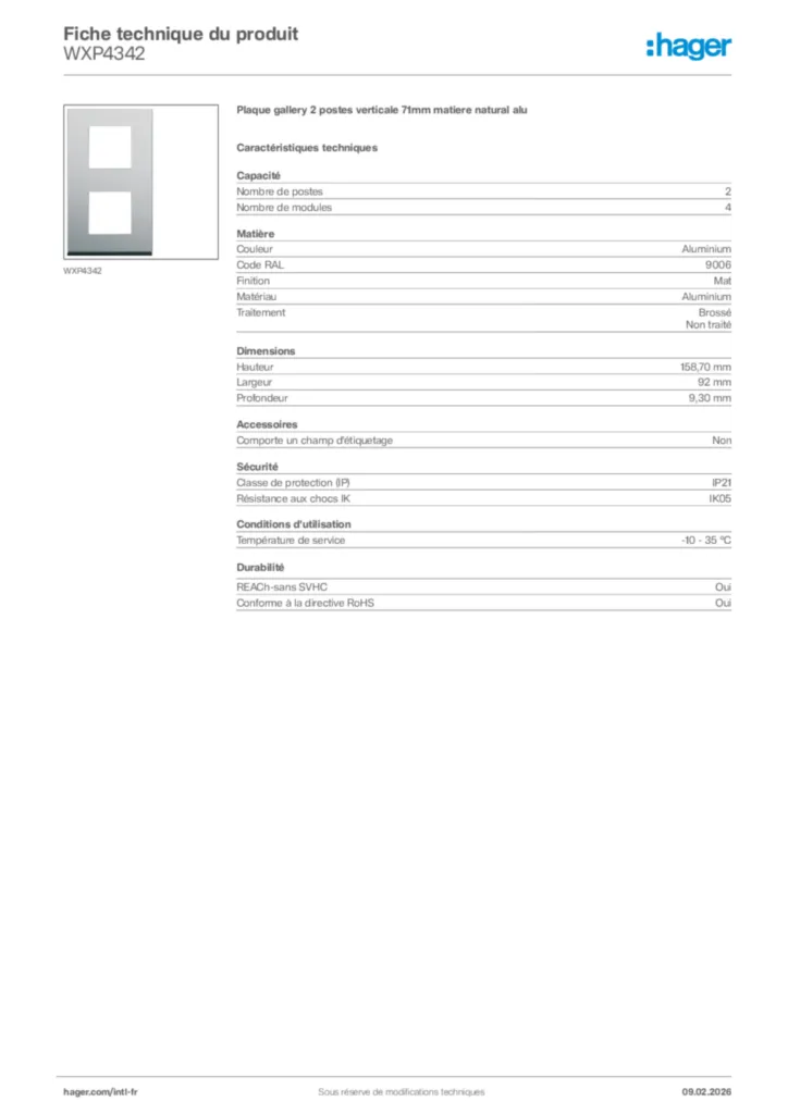Image Hager Fiche technique du produit WXP4342 | Hager Afrique