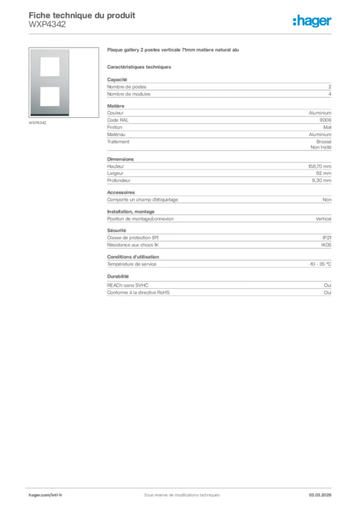 Image Hager Fiche technique du produit WXP4342 | Hager Afrique