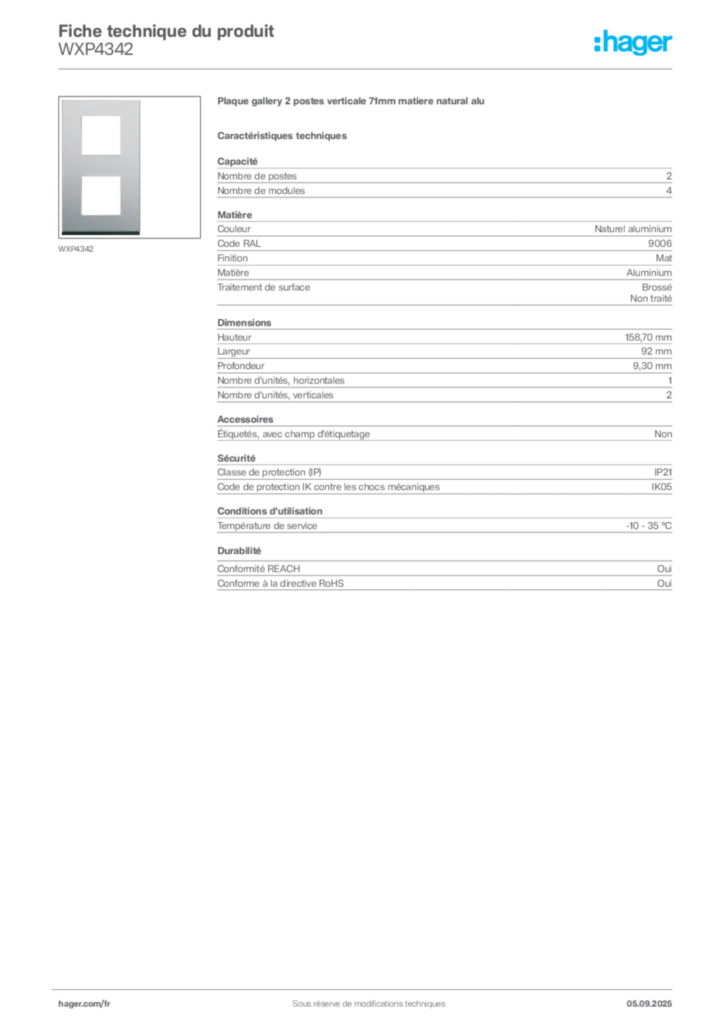 Image Hager Fiche technique du produit WXP4342 | Hager France