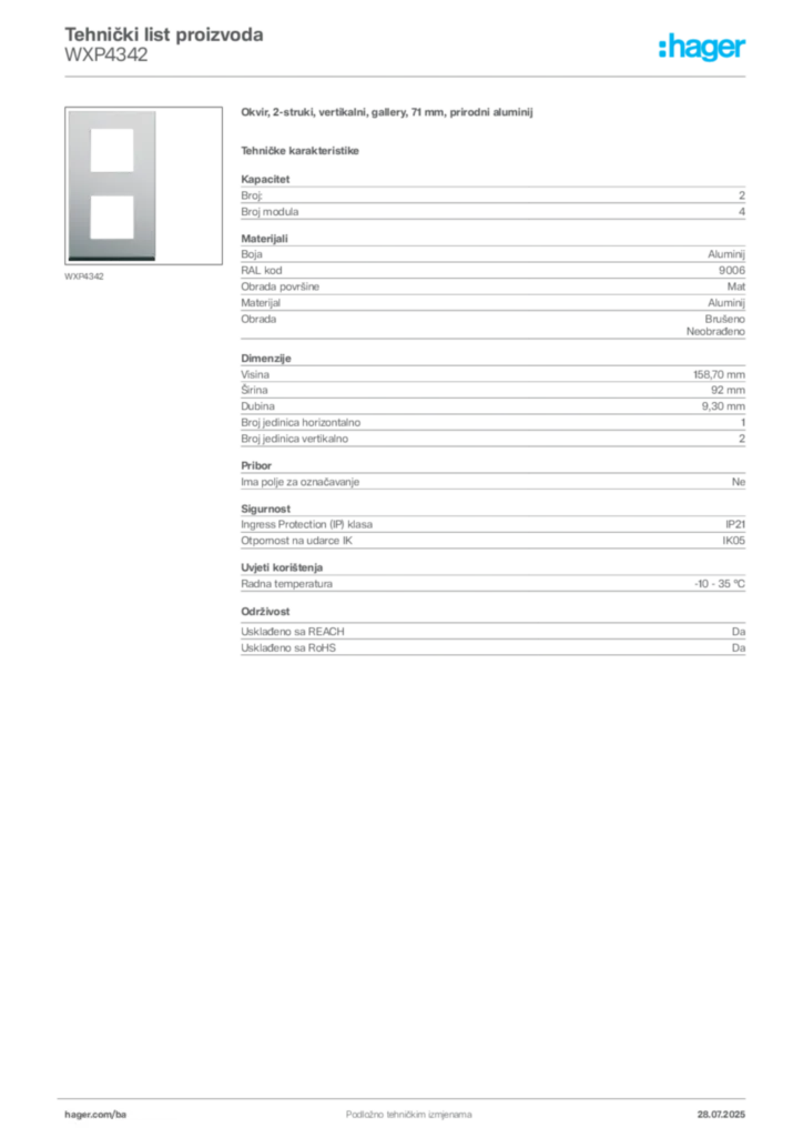 Slika Hager Product data sheet WXP4342  | Hager