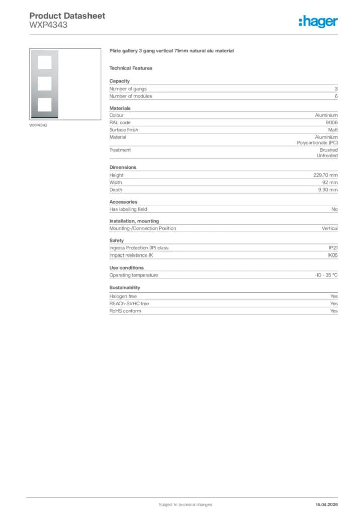 Image Hager Product data sheet WXP4343  | Hager Africa