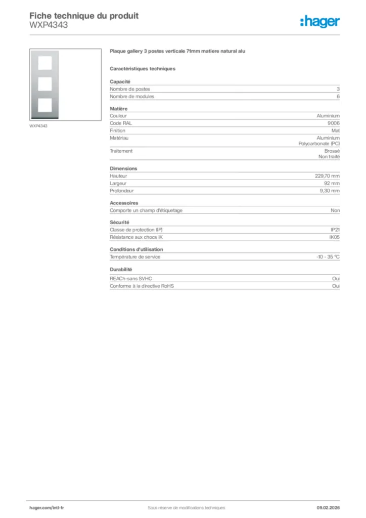 Image Hager Fiche technique du produit WXP4343 | Hager Afrique