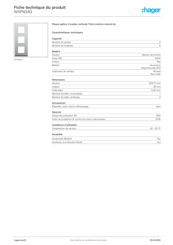 Image Hager Fiche technique du produit WXP4343 | Hager France