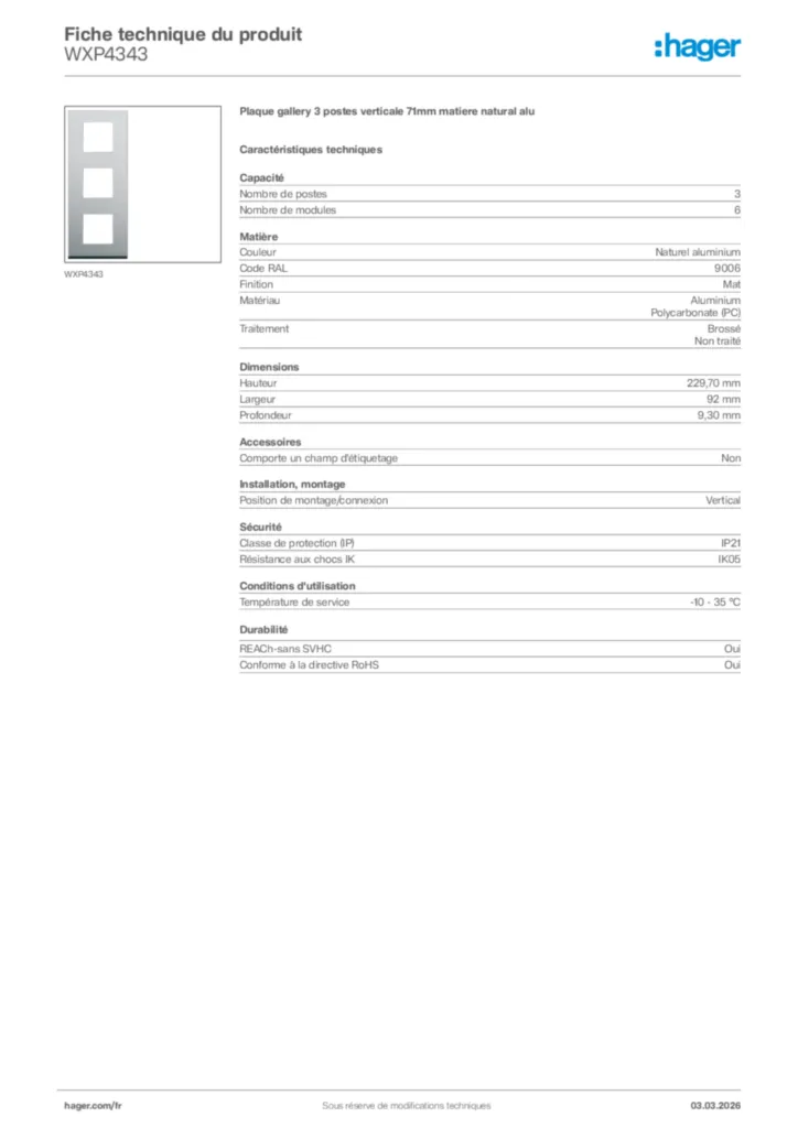 Image Hager Fiche technique du produit WXP4343 | Hager France