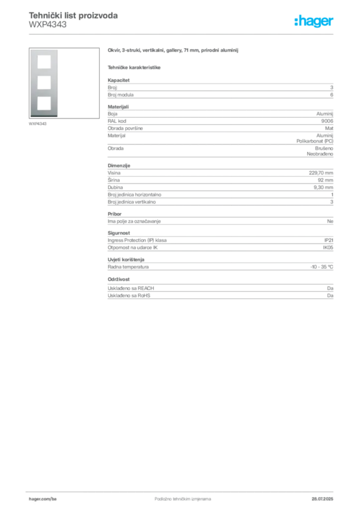 Slika Hager Product data sheet WXP4343  | Hager