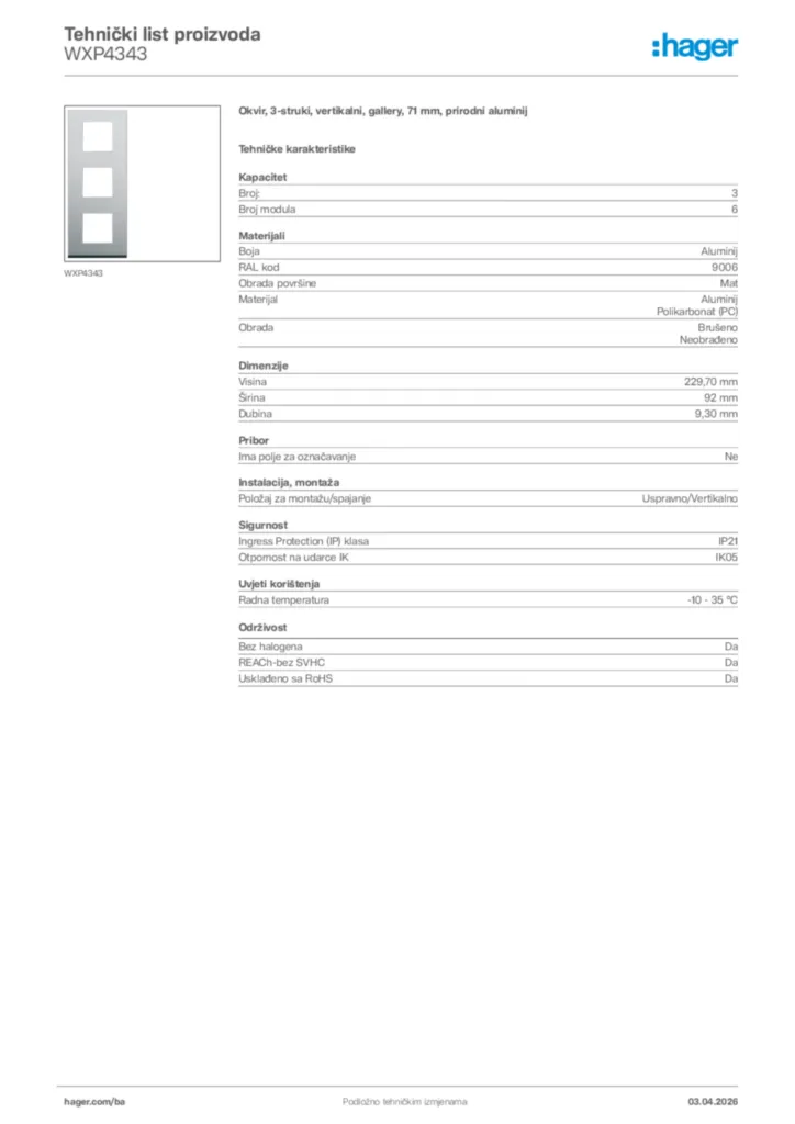 Slika Hager Tehnički list proizvoda WXP4343  | Hager