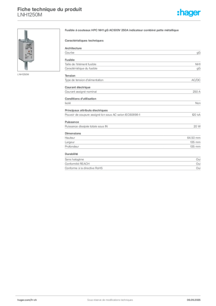 Image Hager Fiche technique du produit LNH1250M | Hager Suisse