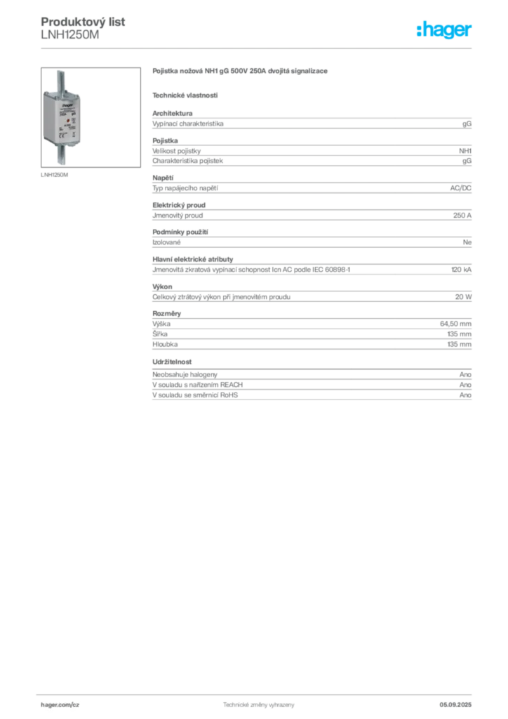 Obrázek Hager Produktový list LNH1250M | Hager