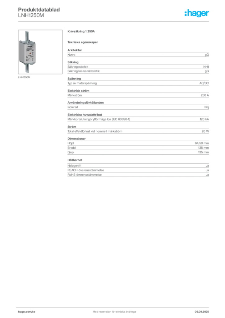 Bild Hager Produktdatablad LNH1250M | Hager Sverige