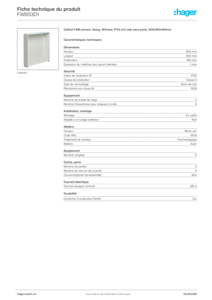 Image Hager Fiche technique du produit FWB53D1 | Hager Suisse