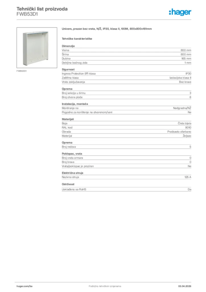 Slika Hager Tehnički list proizvoda FWB53D1  | Hager