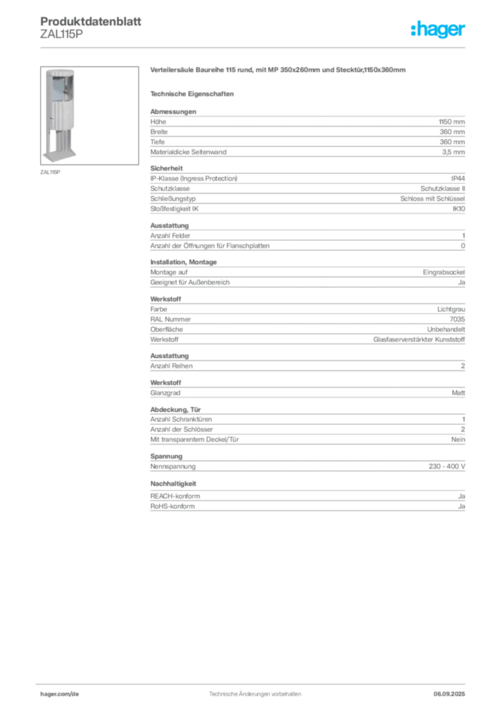 Bild Hager Produktdatenblatt ZAL115P | Hager Deutschland