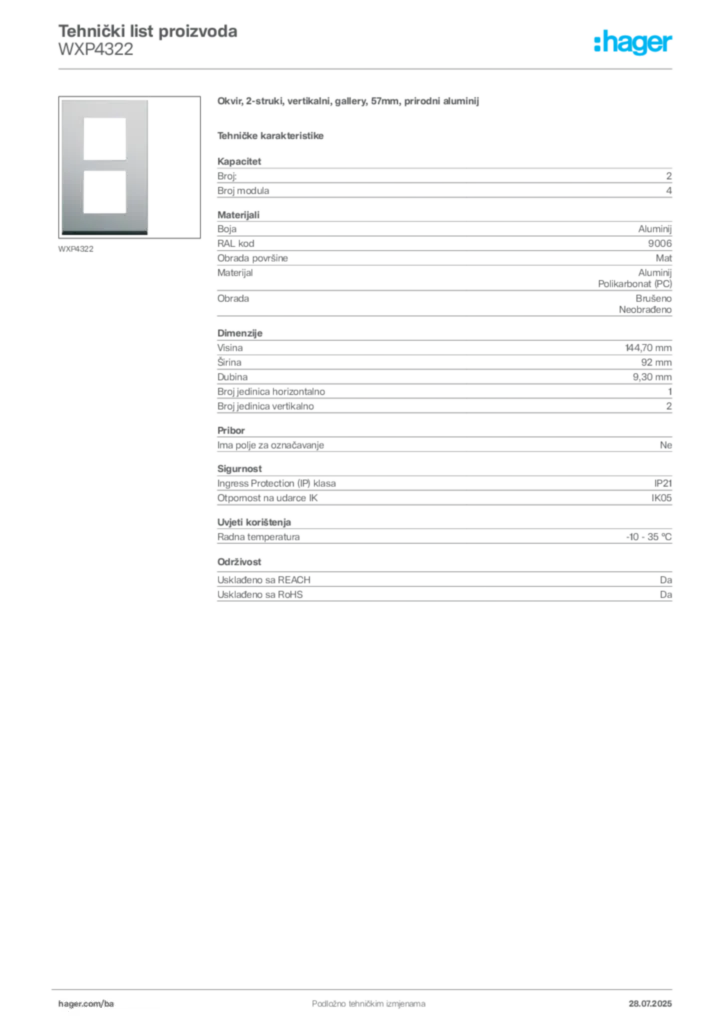 Slika Hager Product data sheet WXP4322  | Hager