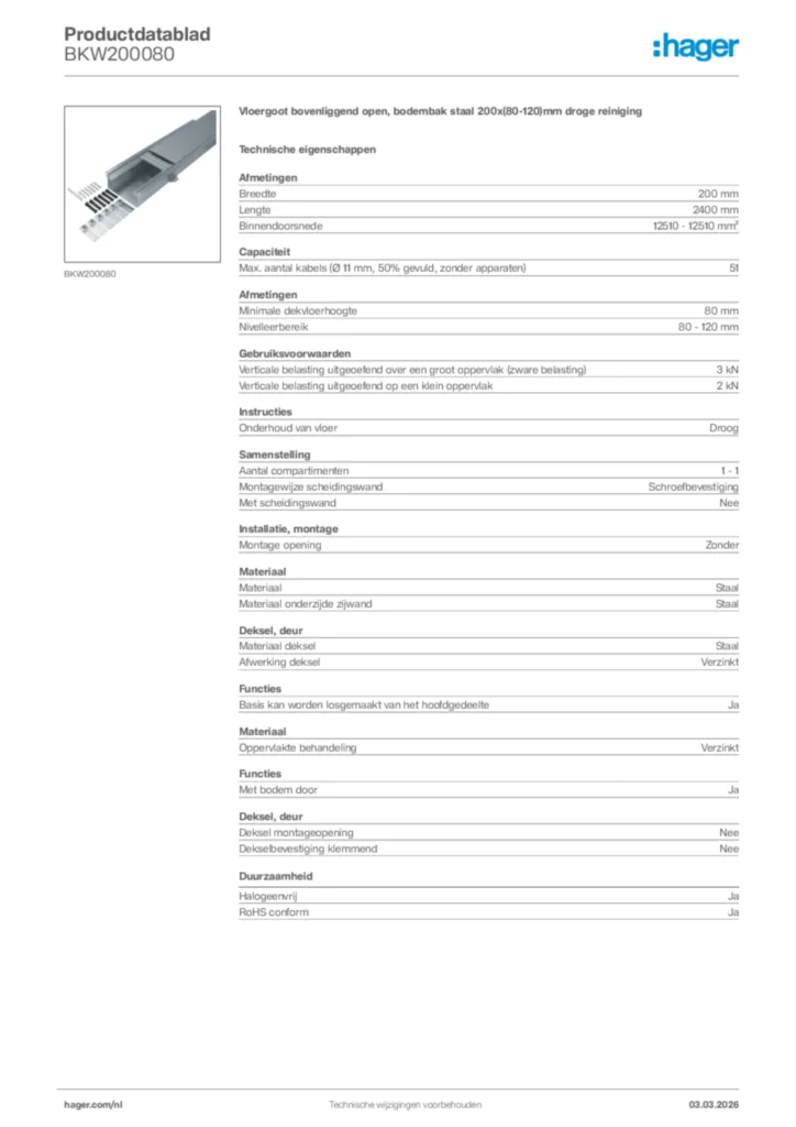Afbeelding Hager Productdatablad BKW200080 | Hager Nederland