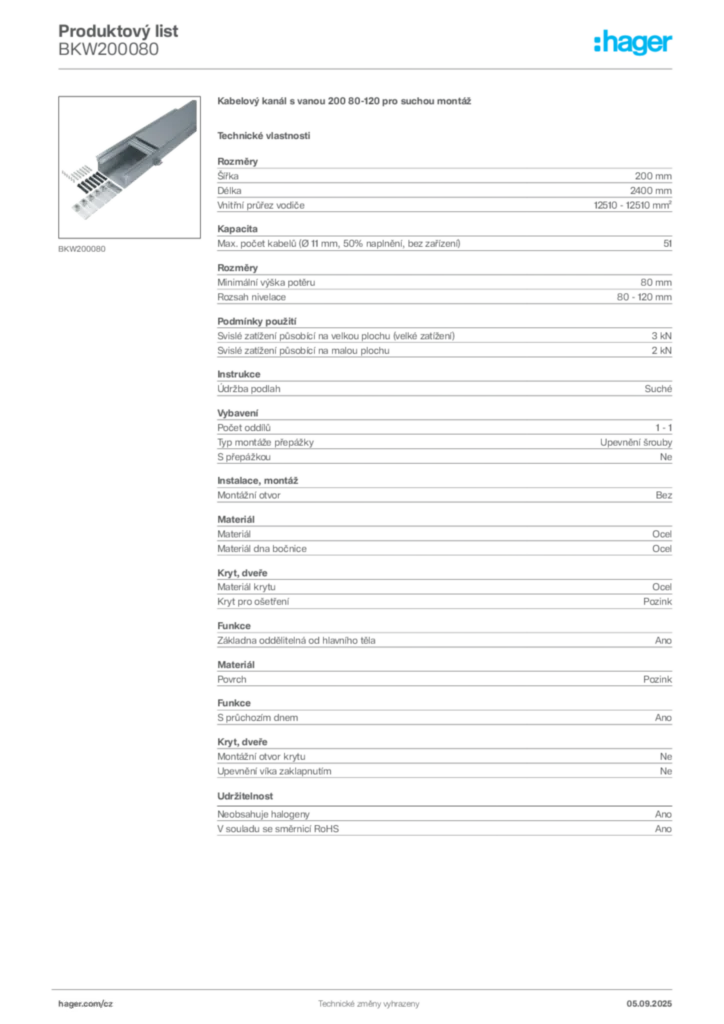 Obrázek Hager Produktový list BKW200080 | Hager