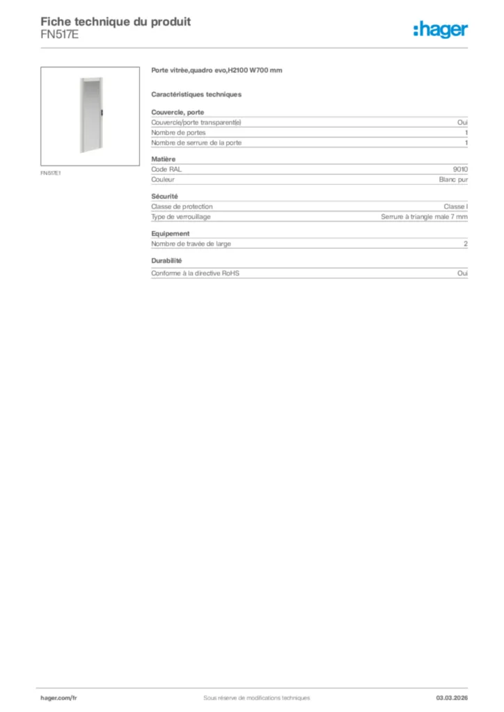 Image Hager Fiche technique du produit FN517E | Hager France