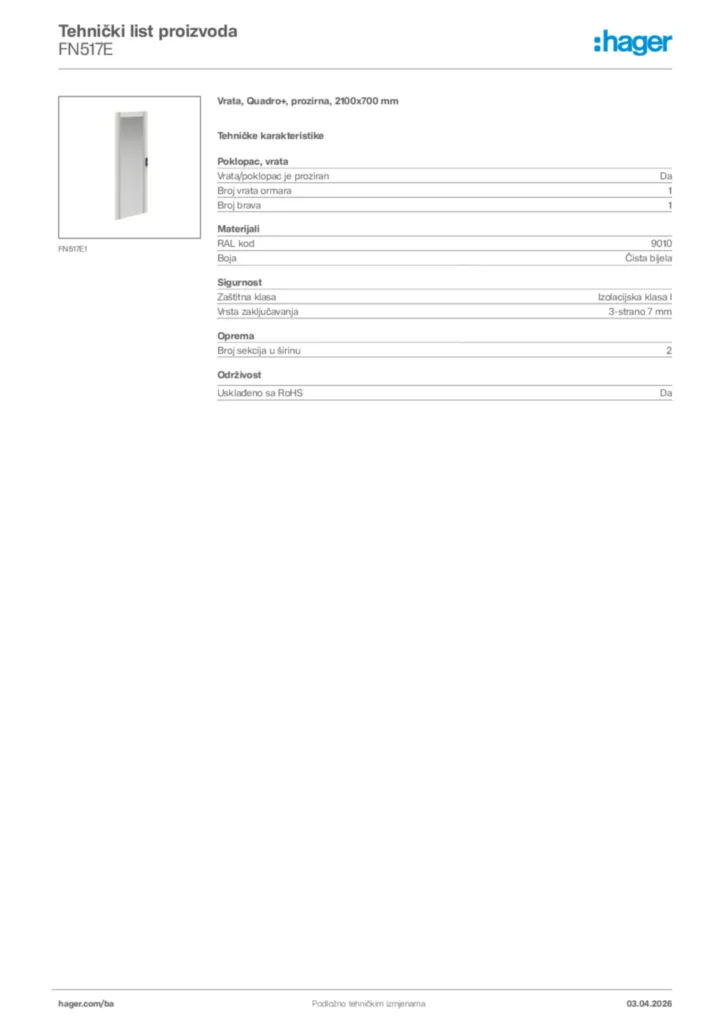 Slika Hager Tehnički list proizvoda FN517E  | Hager