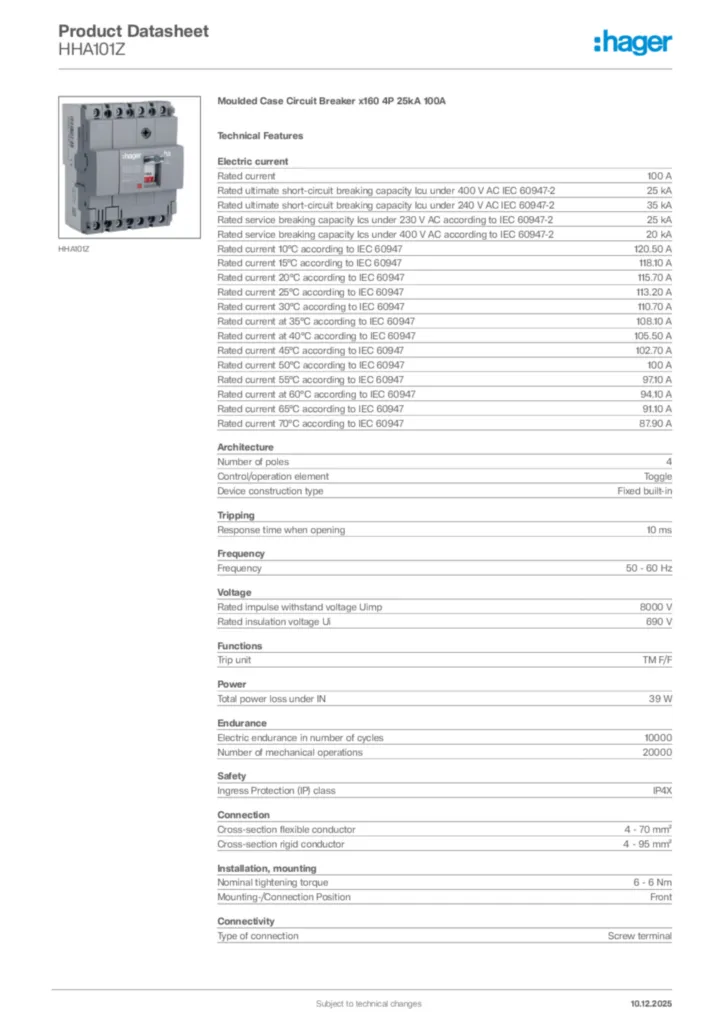 Image Hager Product data sheet HHA101Z  | Hager