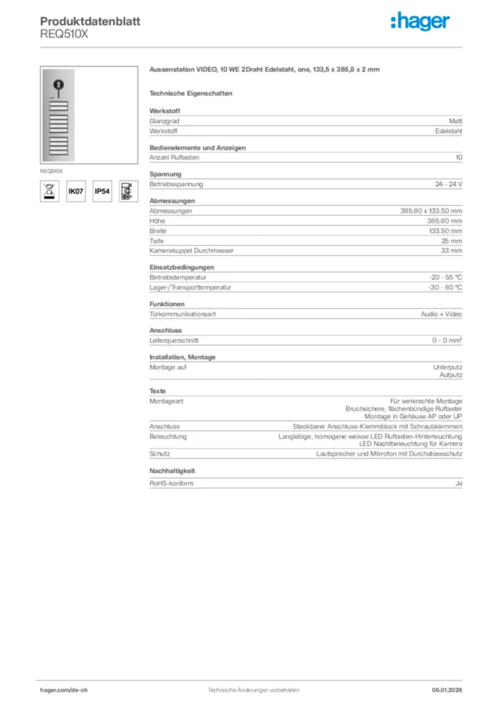 Bild Hager Produktdatenblatt REQ510X | Hager Schweiz