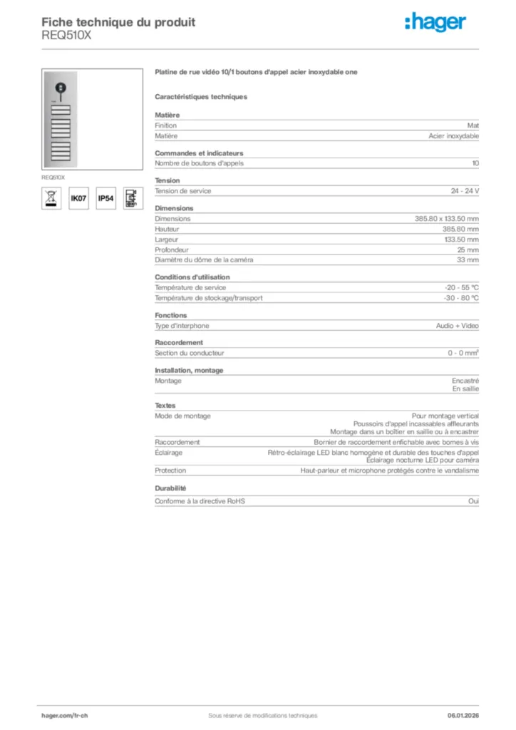 Image Hager Fiche technique du produit REQ510X | Hager Suisse