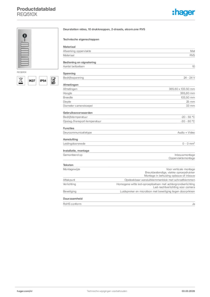 Afbeelding Hager Productdatablad REQ510X | Hager Nederland