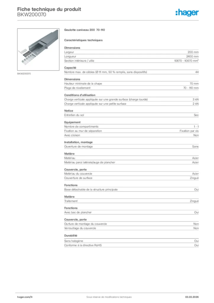Image Hager Fiche technique du produit BKW200070 | Hager France
