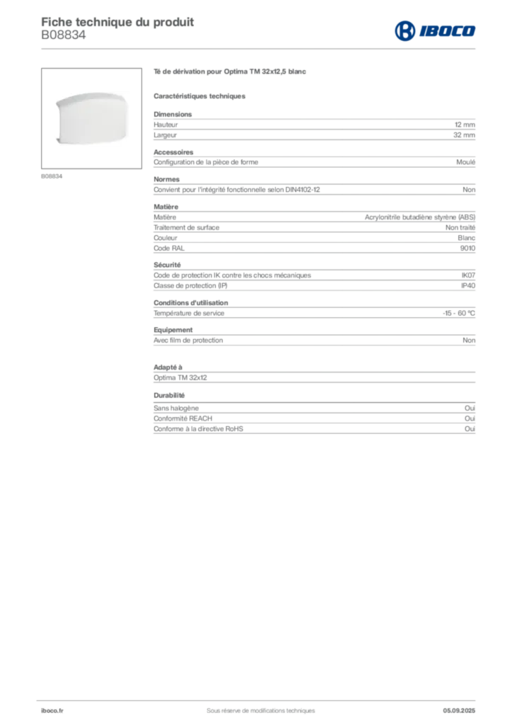 Image Iboco Fiche technique du produit B08834 | Hager France