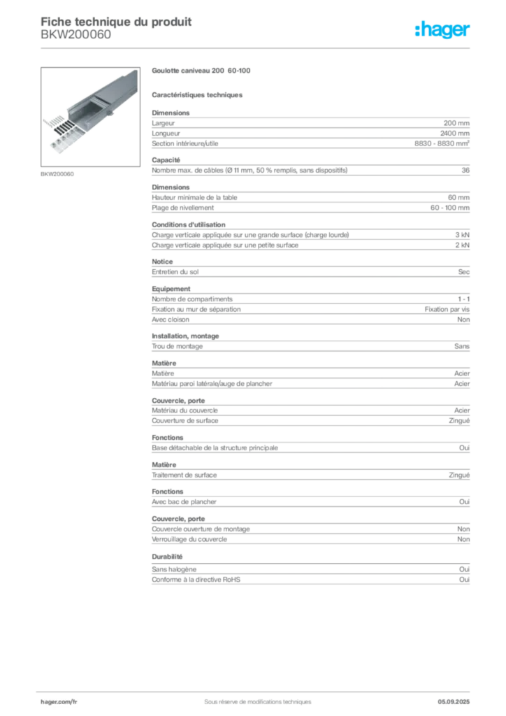 Image Hager Fiche technique du produit BKW200060 | Hager France