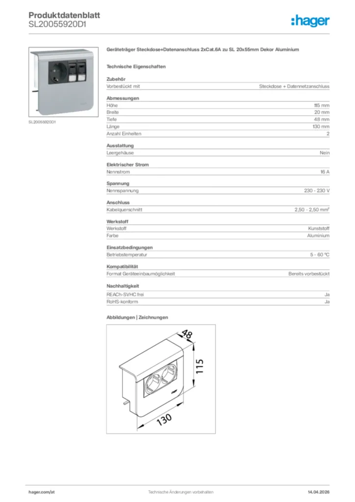 Bild Hager Produktdatenblatt SL20055920D1 | Hager Deutschland