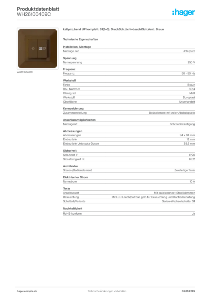 Bild Hager Produktdatenblatt WH26100409C | Hager Schweiz