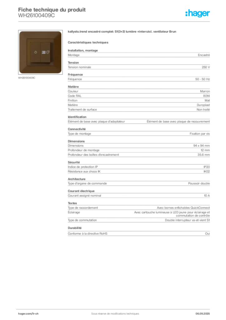 Image Hager Fiche technique du produit WH26100409C | Hager Suisse