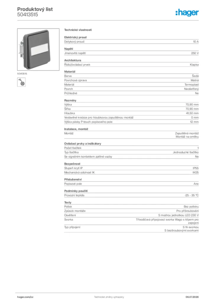 Obrázek Hager Product data sheet 50413515 | Hager