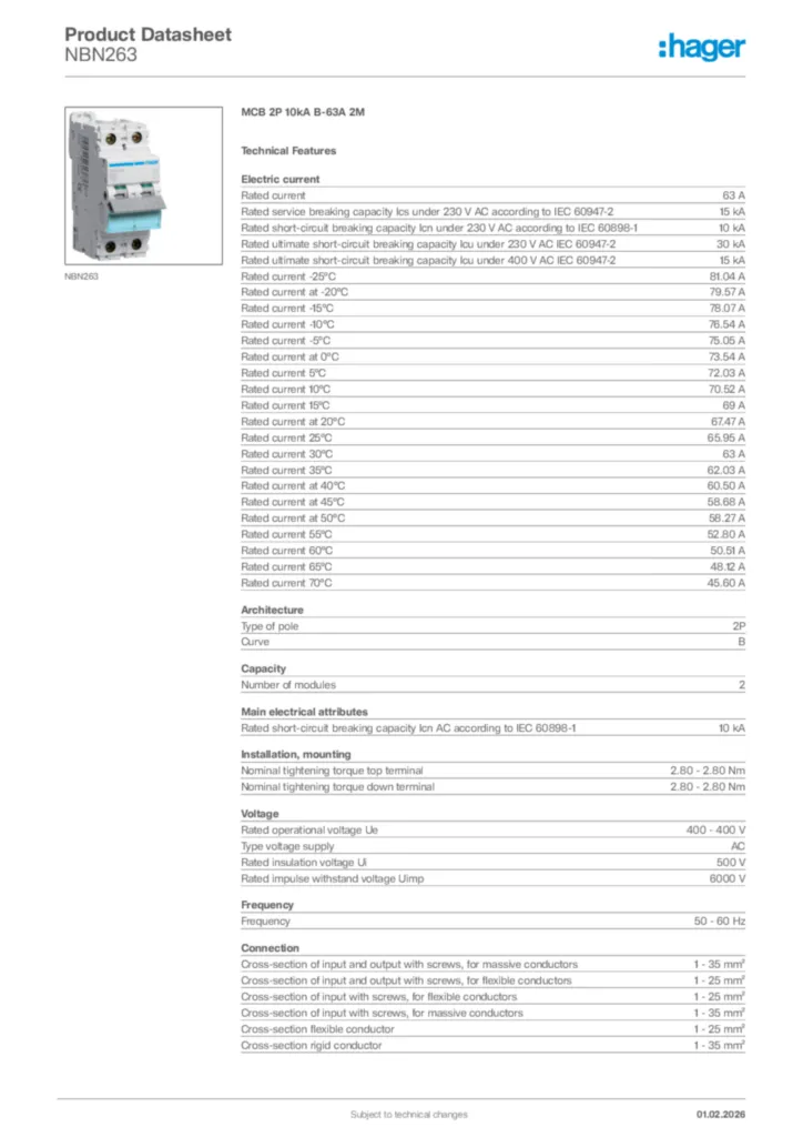 Image Hager Product data sheet NBN263  | Hager