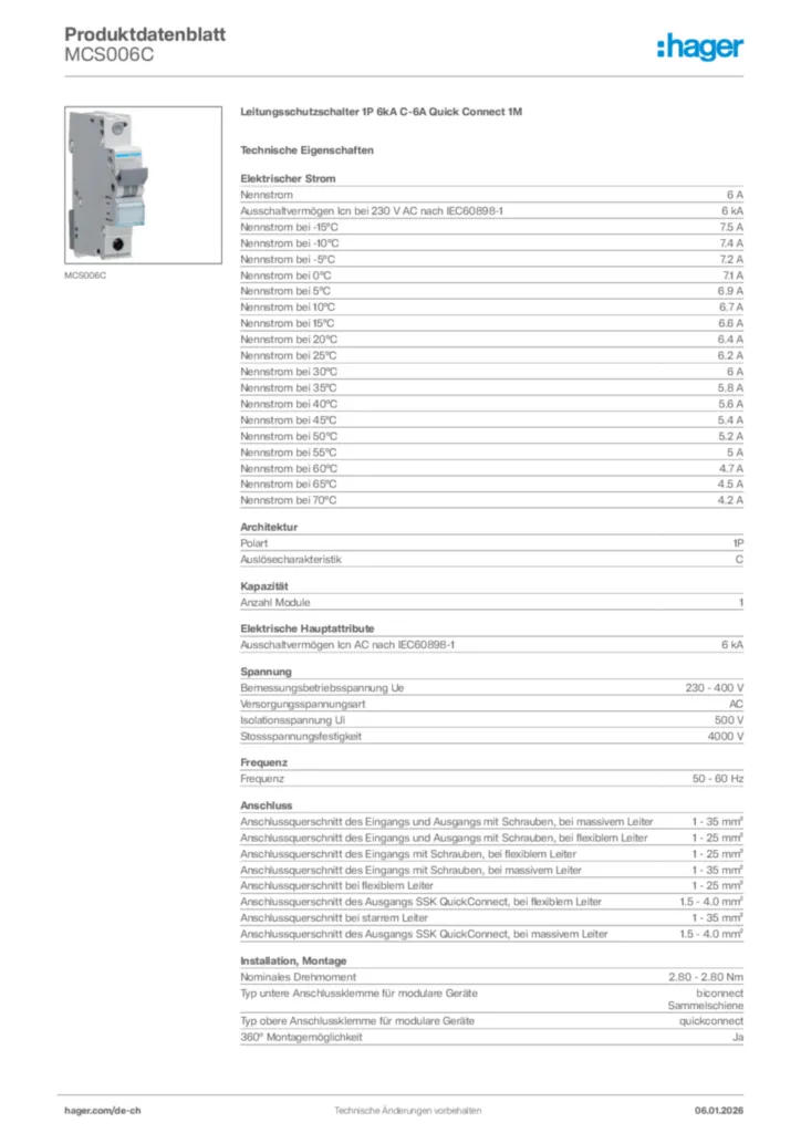 Bild Hager Produktdatenblatt MCS006C | Hager Schweiz