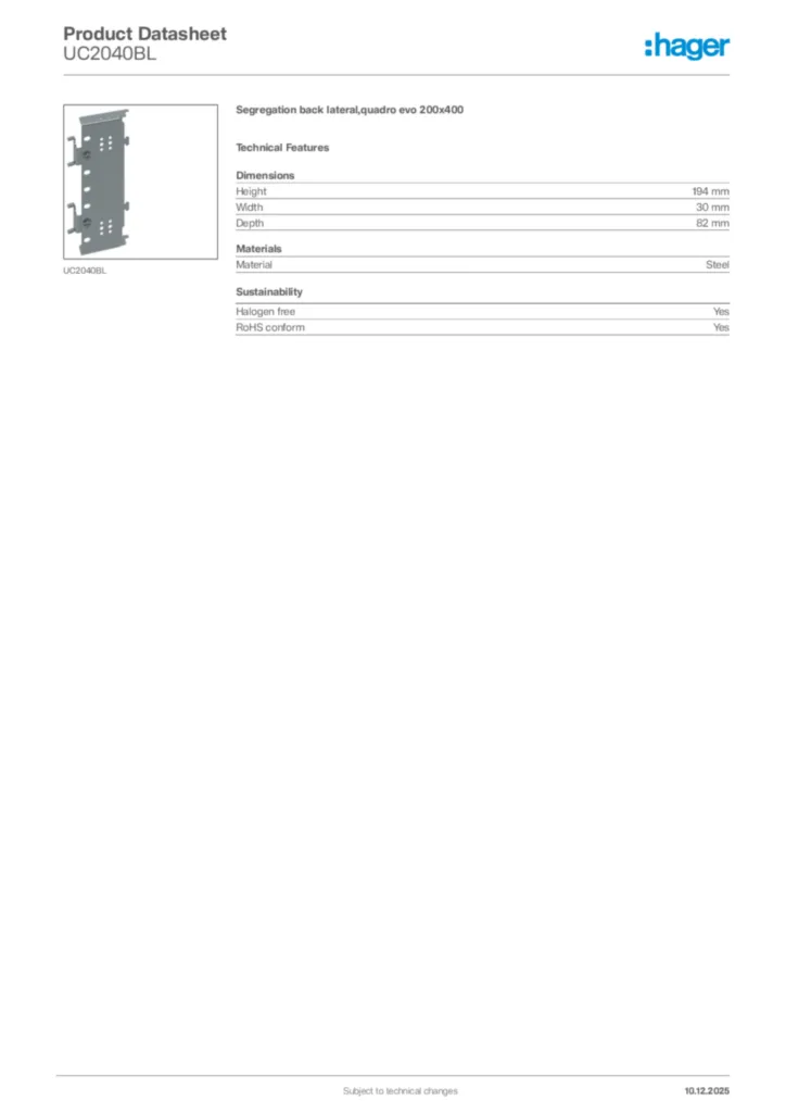 Image Hager Product data sheet UC2040BL  | Hager Africa