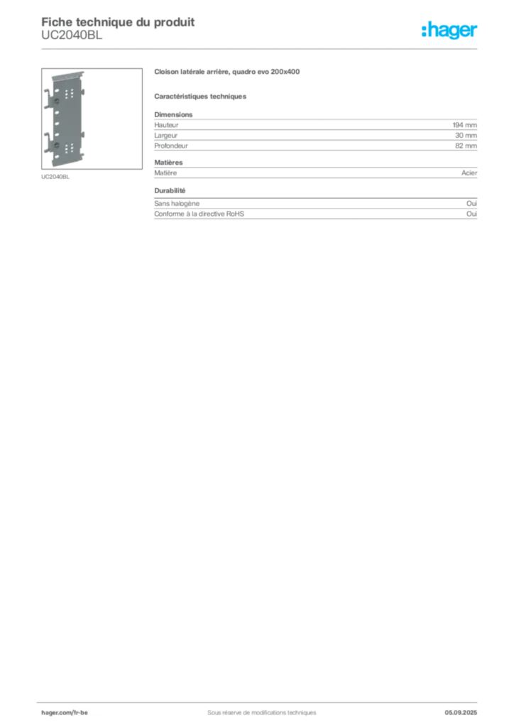 Image Hager Fiche technique du produit UC2040BL | Hager Belgique