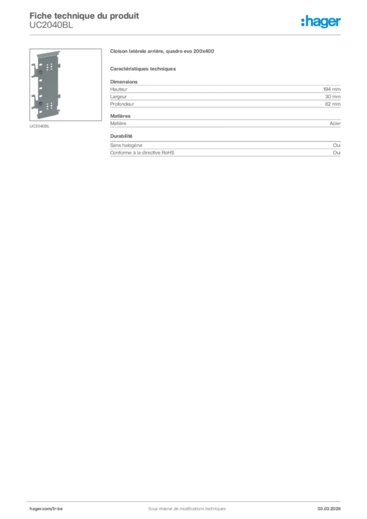 Image Hager Fiche technique du produit UC2040BL | Hager Belgique
