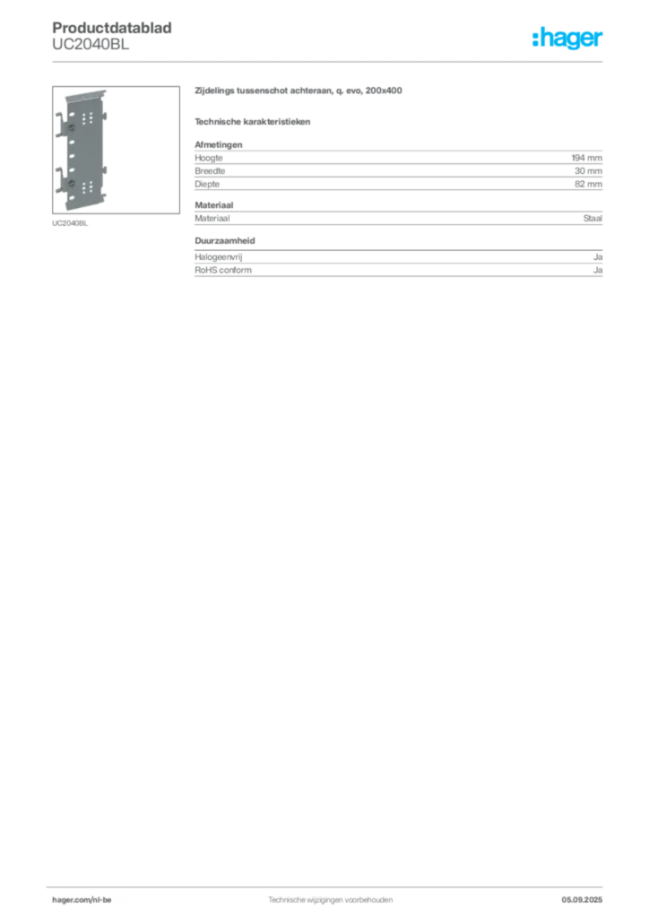 Afbeelding Hager Productdatablad UC2040BL | Hager Belgium