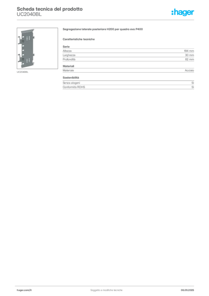 Immagine Hager Scheda tecnica del prodotto UC2040BL | Hager Italia