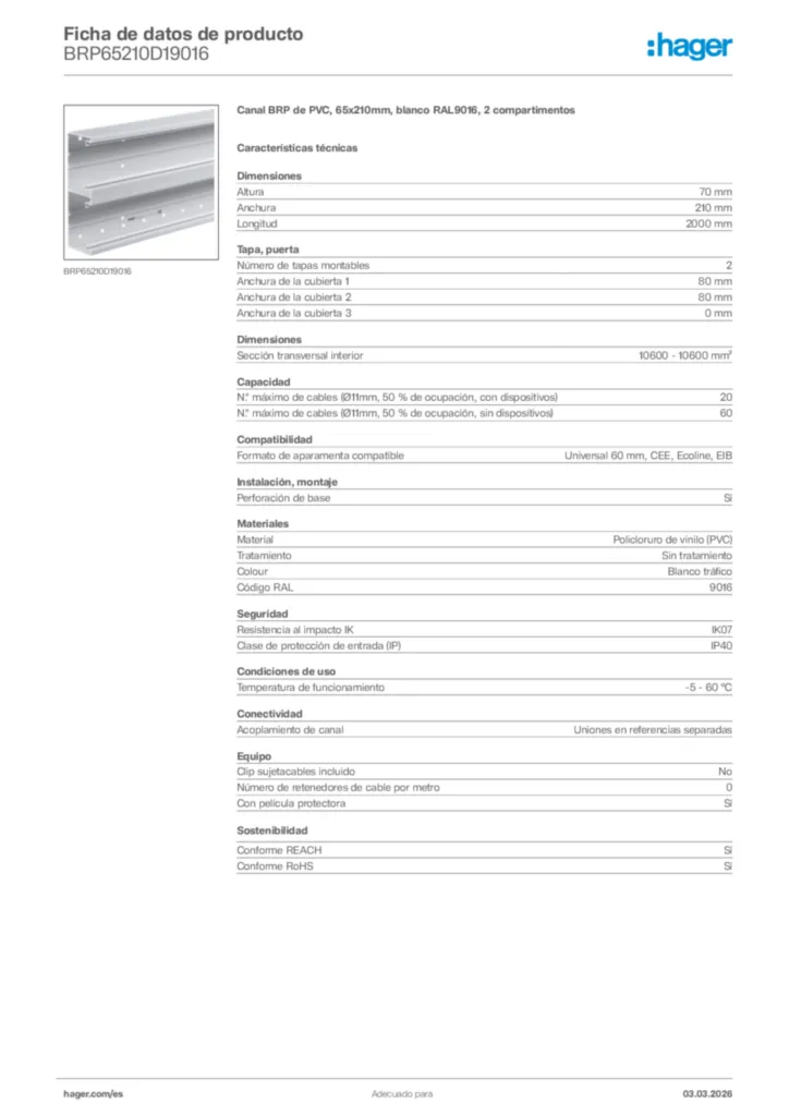 Imagen Hager Ficha de datos de producto BRP65210D19016 | Hager España