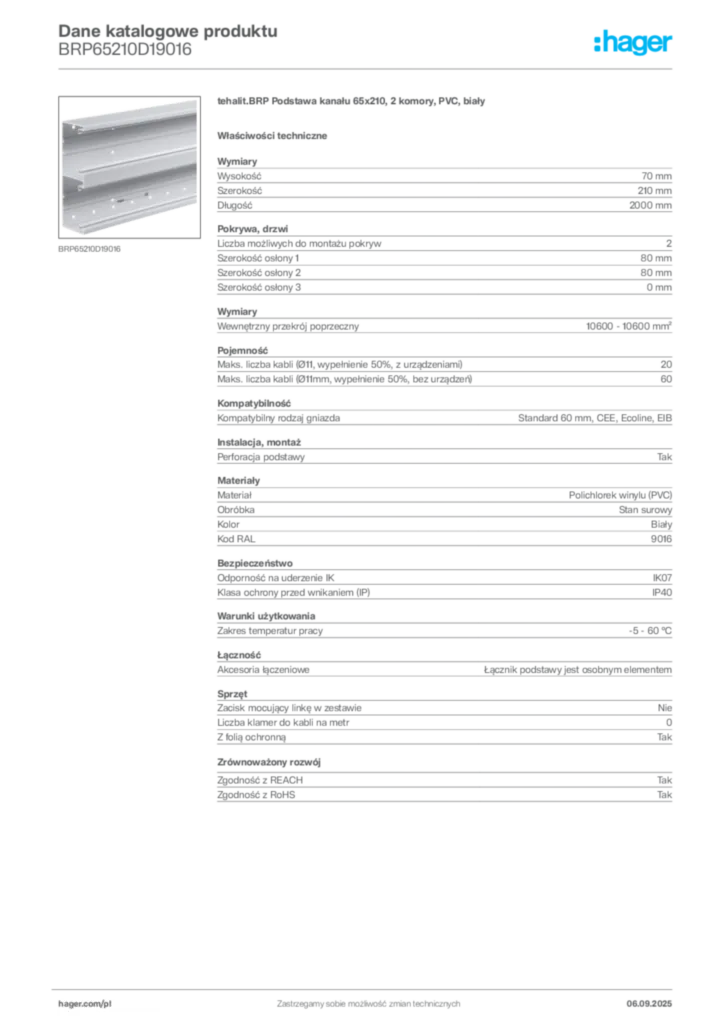 Zdjęcie Hager Dane katalogowe produktu BRP65210D19016 | Hager Polska